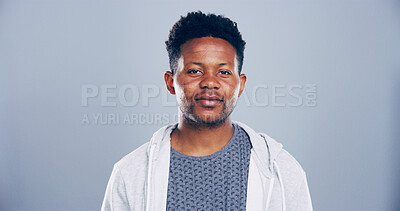 Buy stock photo Black man, portrait and creative professional in studio, serious for career with pride and confidence. Business, about us and opportunity or growth as designer isolated on blue background  by space