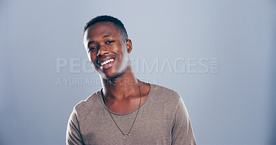 Buy stock photo Smile, creative and portrait of black man in studio with mockup space, confidence or university registration. Opportunity, ID card or gen z student in college candidate recruitment on gray background