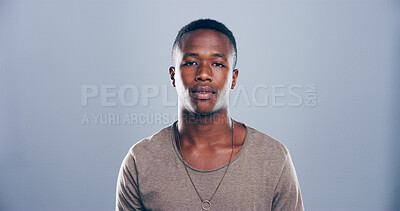 Buy stock photo Space, student or portrait of black man in studio for skill development, college education or learning. Model, confident and African person isolated on gray background mockup for school scholarship