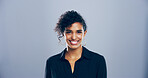 Happy, professional and portrait of woman in studio for freelance career, editing and journalism. Mockup space, business and isolated person for news agency, publisher and job on gray background