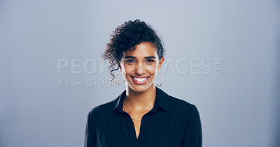Buy stock photo Happy, professional and portrait of woman in studio for freelance career, creative and journalism. Mockup space, business and isolated person for news agency, publisher and job on gray background
