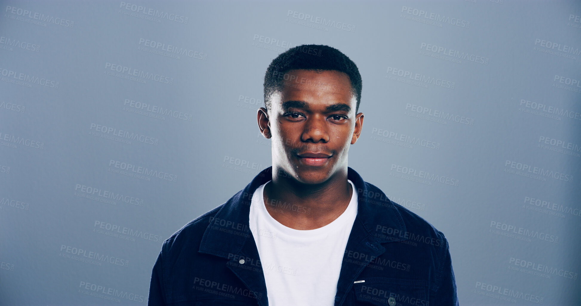 Buy stock photo Portrait, space and student with black man in studio for development, education or learning. College, scholarship and university with African person on gray background mockup for back to school