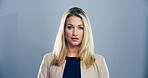 Space, confident and portrait of woman with creative career for freelance job at magazine. Smile, pride and face of female copywriter from New York with professional publishing by gray background.