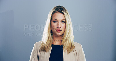 Buy stock photo Space, confident and portrait of woman with creative career for freelance job at magazine. Smile, pride and face of female copywriter from New York with professional publishing by gray background.