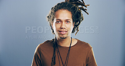 Buy stock photo Portrait, space and student with man in studio for development, education or learning. Dreads, scholarship and university with cool creative person on gray background mockup for art or music study