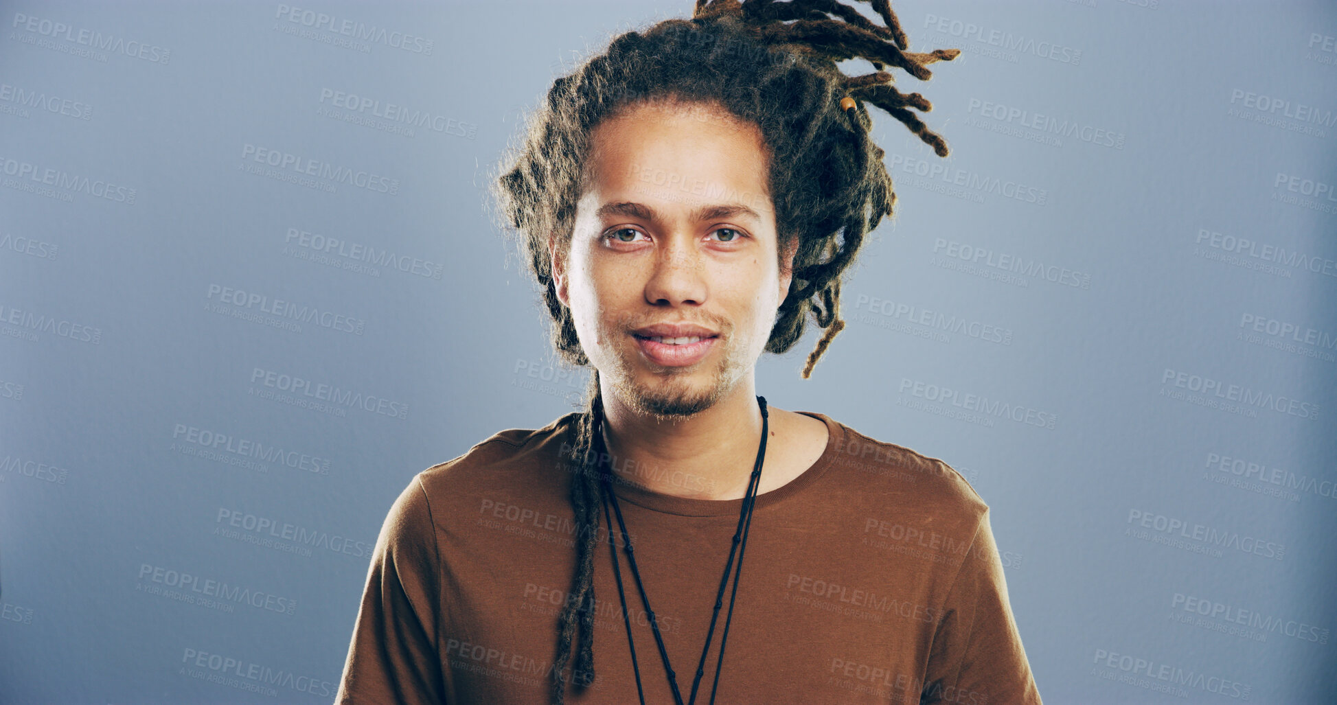 Buy stock photo Portrait, space and student with man in studio for development, education or learning. Dreads, scholarship and university with cool creative person on gray background mockup for art or music study