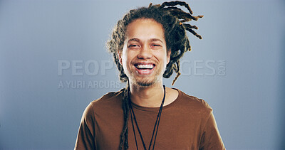Buy stock photo Space, dreadlocks or portrait of happy man in studio for skill development, college education or learning. Dreads, confident and male teacher laughing on grey background mockup for school scholarship
