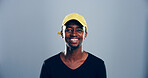 Smile, student or portrait of black man in studio for skill development, college education and learning. Model, confident and African person on grey background mockup space for school scholarship