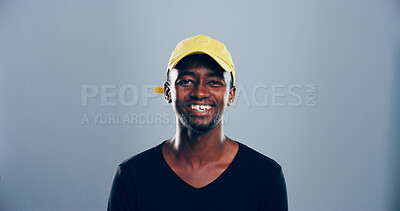 Buy stock photo Smile, student or portrait of black man in studio for skill development, college education and learning. Model, confident and African person on grey background mockup space for school scholarship