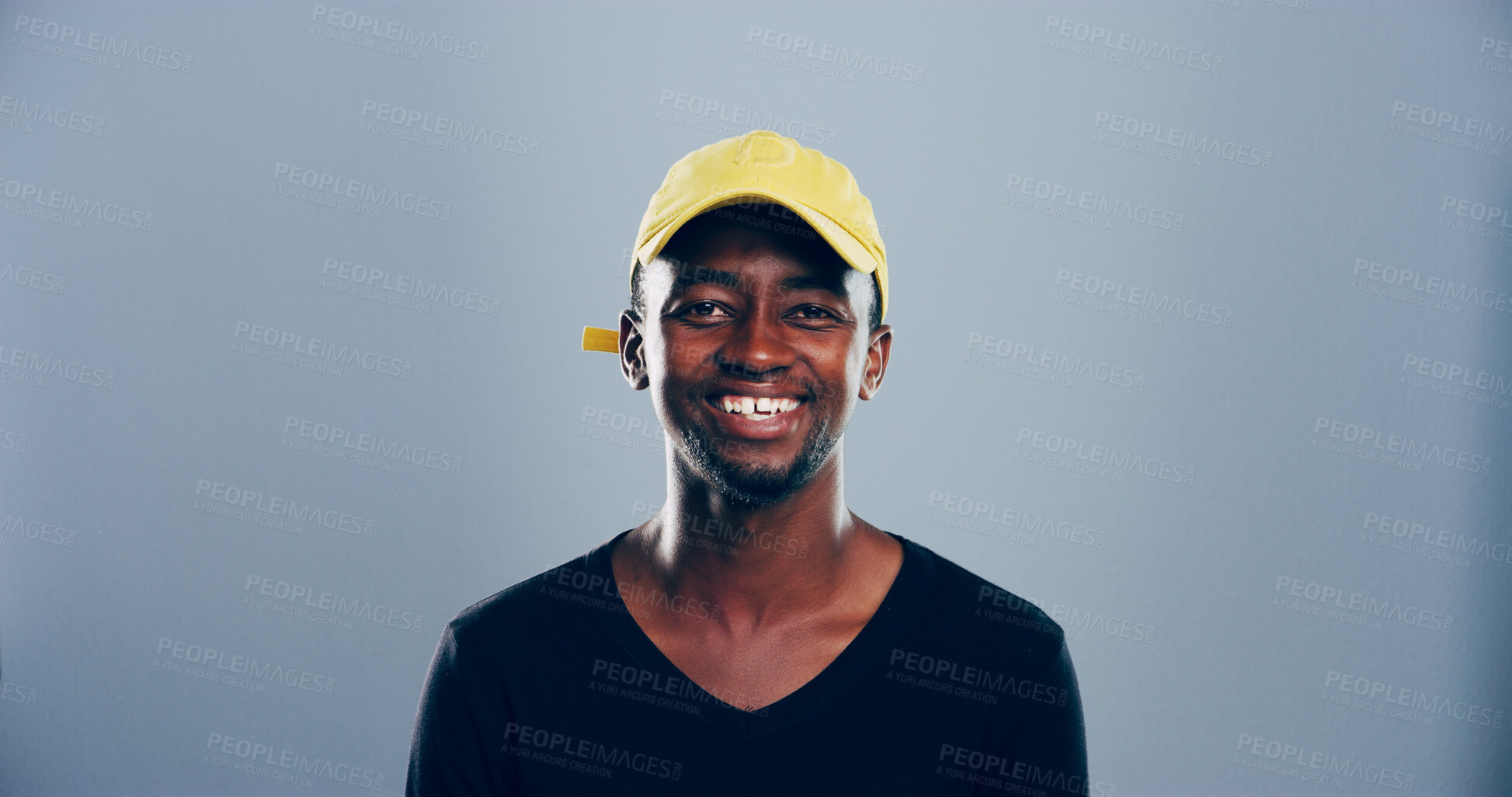 Buy stock photo Smile, student or portrait of black man in studio for skill development, college education and learning. Model, confident and African person on grey background mockup space for school scholarship