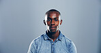 Business, creative and portrait of black man in studio for startup company, entrepreneurship and career. Professional, serious and isolated person on mockup space for sales manager on gray background