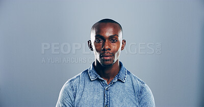 Buy stock photo Business, creative and portrait of black man in studio for startup company, entrepreneurship and career. Professional, serious and isolated person on mockup space for opportunity on gray background