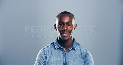 Buy stock photo Smile, confidence and portrait of black man in studio with mockup space, creative or university registration. Opportunity, ID card or gen z student in college candidate recruitment on gray background