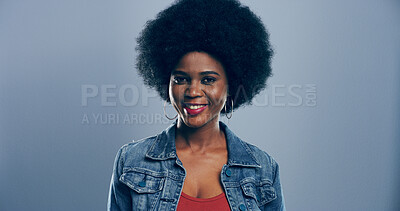 Buy stock photo Space, confident and portrait of black woman with creative career for freelance job at magazine. Happy, pride and face of African female copywriter with professional publishing by gray background.
