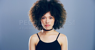Buy stock photo Afro, student or portrait of girl in studio for skill development, college education and learning. Attitude, confident and edgy African woman with grey background mockup space for school scholarship