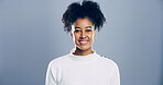 Portrait, smile and student with black woman in studio for development, education or learning. College, scholarship or university with african person on gray background mockup for academic curriculum