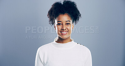 Buy stock photo Portrait, smile and student with black woman in studio for development, education or learning. College, scholarship or university with african person on gray background mockup for academic curriculum