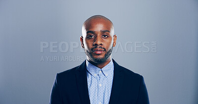 Buy stock photo Corporate, black man and portrait in studio for business, professional or career opportunity. Lawyer, confident or employee on gray background space for law firm ID, consultant or recruitment process
