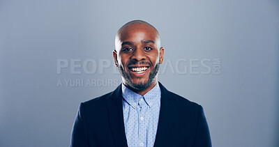 Buy stock photo Corporate, happy man and portrait in studio for business, professional or career opportunity. African lawyer, confident or employee on gray background space for law firm ID, consultant or recruitment