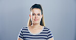 Portrait, space and student with woman in studio for development, education or learning. College, scholarship and university with confident person on gray background mockup for academic curriculum
