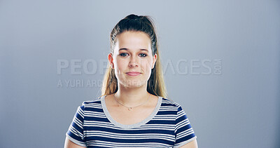 Buy stock photo Portrait, space and student with woman in studio for development, education or learning. College, scholarship and university with confident person on gray background mockup for academic curriculum