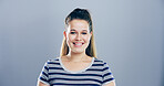 Happy, creative and portrait of woman in studio with mockup space, confidence or university registration. Opportunity, identity card or gen z girl in college candidate recruitment on gray background