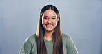 Creative worker, happy and portrait of woman in studio for freelance career, editing and journalism. Mockup space, media agency and isolated person for news, publisher and job on gray background
