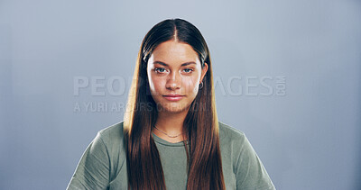 Buy stock photo Creative, professional and portrait of woman in studio for freelance career, editing and journalism. Mockup space, business and isolated person for news agency, publisher and job on gray background