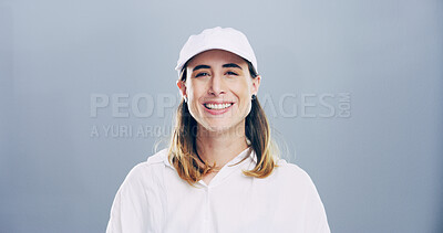 Buy stock photo Smile, portrait and woman with space, studio and positive mindset for career growth, creative and business. Gray background, mockup and writer person with freelancer, professional and inspiration