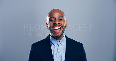 Buy stock photo Portrait, business and black man laugh in studio for humor, winning and success on gray background with space. Face, funny and happy African worker with promotion, bonus and excited for achievement