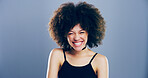 Happy, student and portrait of woman in studio with smile for scholarship, registration and college application. Mockup space, gray background and person excited for education, university and school