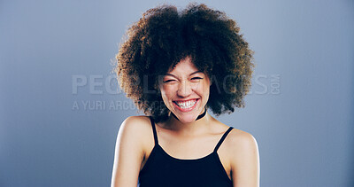 Buy stock photo Happy, student and portrait of woman in studio with smile for scholarship, registration and college application. Mockup space, gray background and person excited for education, university and school