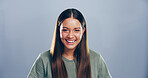 Laughing, student and happy with portrait of woman in studio for college, learning and scholarship. Future, mockup space and happiness with person on background for education, gen z and university