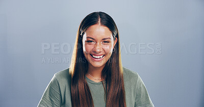 Buy stock photo Laughing, student and happy with portrait of woman in studio for college, learning and scholarship. Future, mockup space and happiness with person on background for education, gen z and university