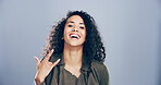 Portrait, smile and woman in studio with rock hand gesture for expression or space on gray background. Culture, happy female rocker and edgy model with devil horn sign, funky emoji and punk symbol