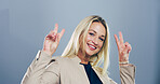 Portrait, confident and happy woman with peace sign in studio with positive attitude or facial expression. Grey background, satisfaction or face of female model for cool gesture, fashion or v symbol