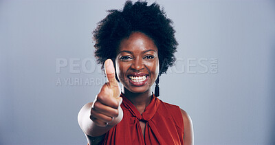 Buy stock photo Portrait, thumbs up and black woman in studio, symbol and confidence on gray background. Face, person and model with hand gesture, agreement and icon with like, perfect and smile with emoji or review
