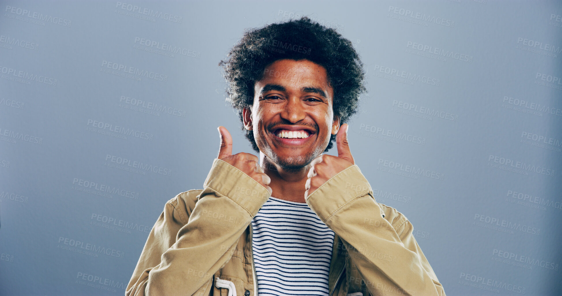 Buy stock photo Happy man, portrait and good job with thumbs up for success, winning or approval on a gray studio background. Face, male person or model with smile, emoji or yes sign for well done on mockup space