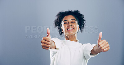 Buy stock photo Portrait, thumbs up and woman with agreement, like and confidence on gray studio background. Face, happy person and model with hand gesture, feedback and icon with symbol, perfect and like with emoji