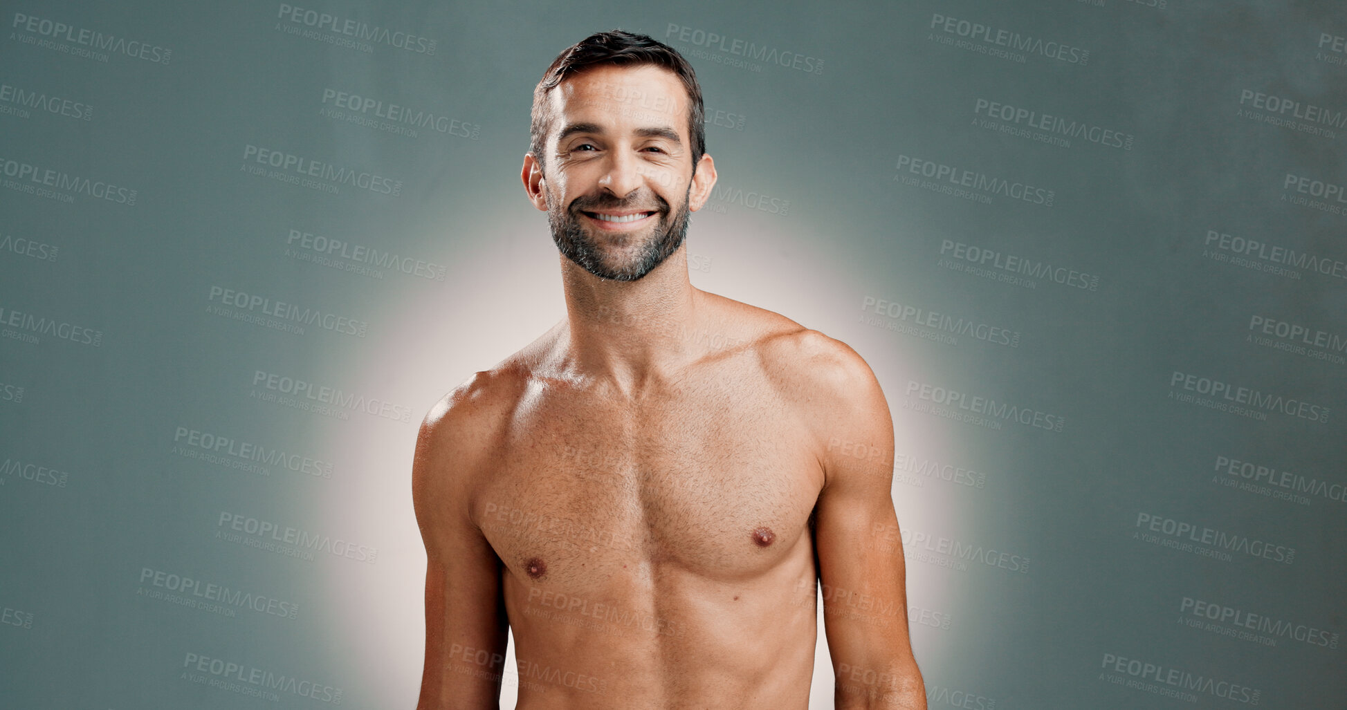 Buy stock photo Mature man, fitness and shirtless in studio portrait with smile, pride and muscle growth by background. Person, model and happy with results, change and transformation for healthy body in Australia
