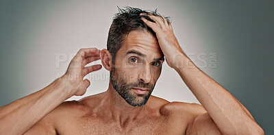 Buy stock photo Beauty, hair and grooming with portrait of man in studio for cleaning, salon skincare and dermatology. Self care, cosmetics and aesthetic with person on background for facial and spa treatment