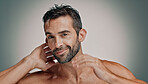 Smile, hair and skincare with portrait of man in studio for cleaning, salon grooming and dermatology. Self care, cosmetics and aesthetic with person on background for facial and spa treatment