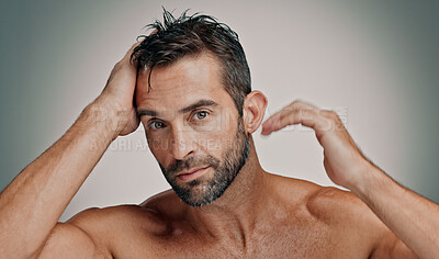 Buy stock photo Beauty, hair and cosmetics with portrait of man in studio for cleaning, salon grooming and growth. Self care, scalp and aesthetic with person on background for hairstyle, shampoo and spa treatment