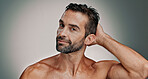 Beauty, salon and skincare with portrait of man in studio for cleaning, grooming and dermatology. Self care, cosmetics and aesthetic with male person on background for facial and spa treatment