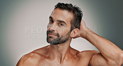 Buy stock photo Beauty, salon and hair with portrait of man in studio for cleaning, grooming and shampoo. Self care, cosmetics and aesthetic with male person on background for hairstyle, scalp and spa treatment