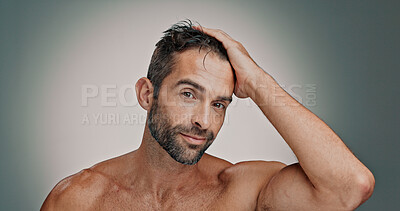 Buy stock photo Beauty, hair and shower with portrait of man in studio for cleaning, salon grooming and dermatology. Self care, cosmetics and hairstyle with person on background for shampoo and spa treatment