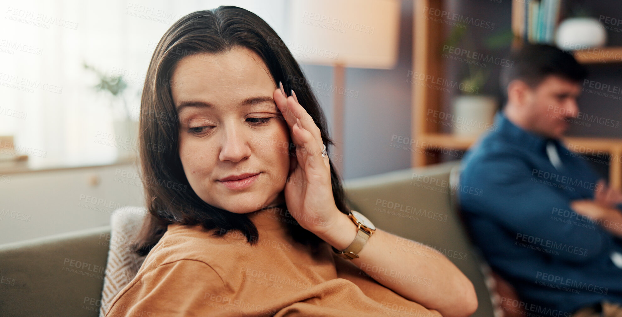 Buy stock photo Fight, ignore and couple on sofa in home upset for argument, tension and conflict for no communication. Dating, living room and unhappy woman with man with problem, issue and crisis for relationship