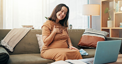 Buy stock photo Smile, pregnant woman and video call on laptop at home  online checkup, communication and gynecology. Person, greeting and webinar chat of telehealth, pregnancy update and medical report on maternity