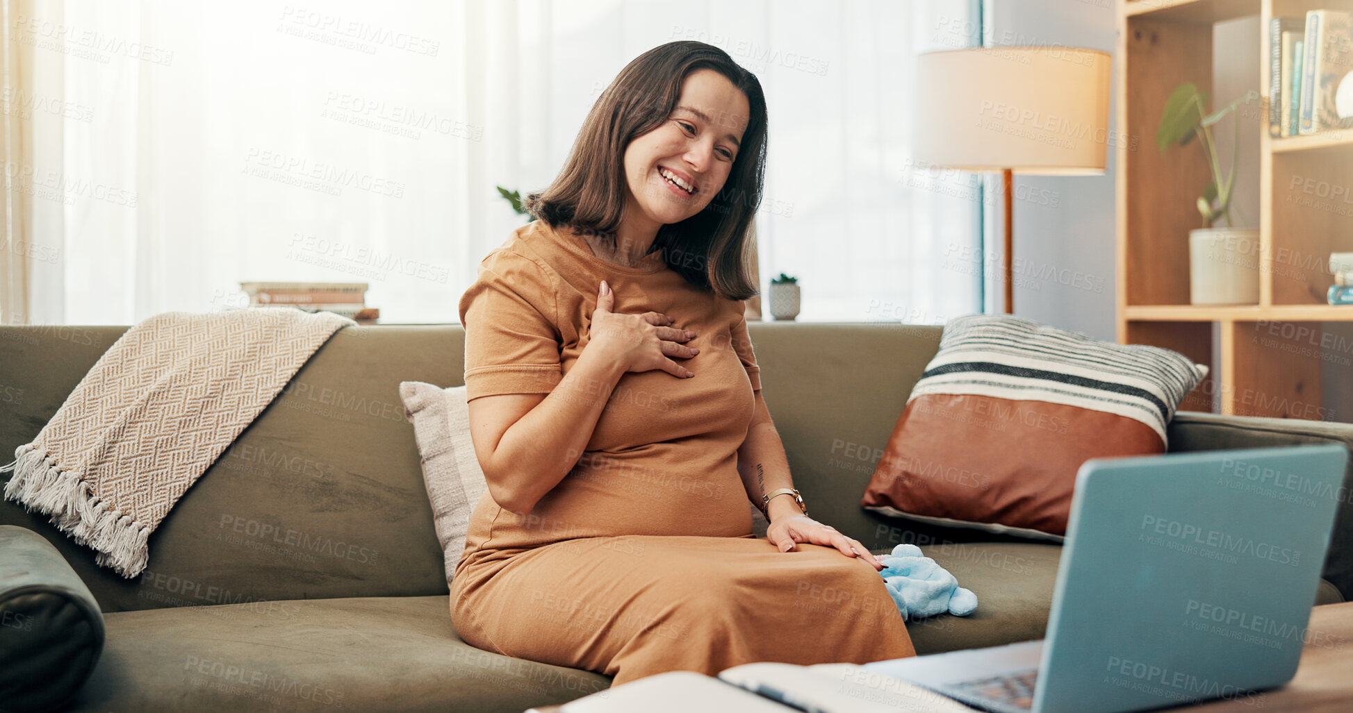 Buy stock photo Smile, pregnant woman and video call on laptop at home  online checkup, communication and gynecology. Person, greeting and webinar chat of telehealth, pregnancy update and medical report on maternity