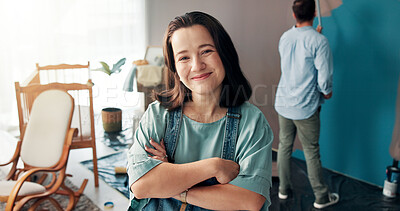 Buy stock photo Portrait, confidence and woman in home for painting, wall decor and renovation with man. DIY, interior design and happy parents with improvement, remodeling and arms crossed for nursery preparation